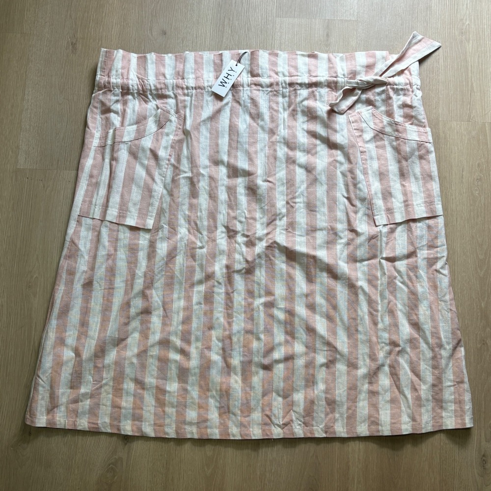 Why Dress Pink Ivory Striped Linen Blend Midi Paperbag Skirt Large Resort NWT